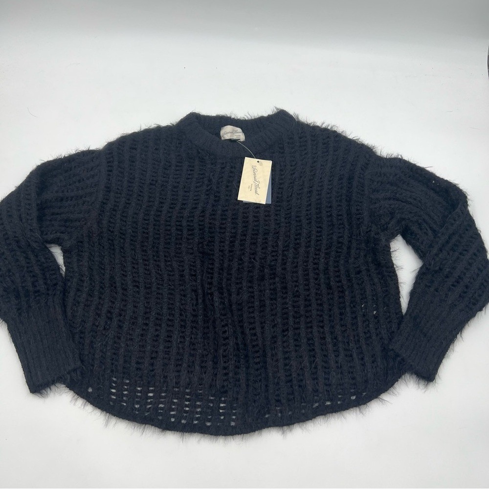 Universal Thread Womens Black Fuzzy Eyelash Open Knit Crewneck Sweater Medium